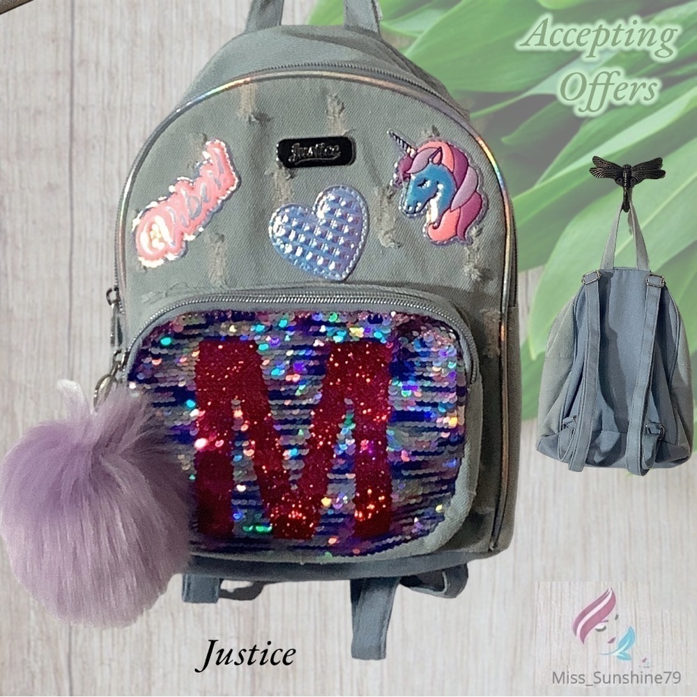 Justice - distressed denim mini bagpack - reverse sequins - letter M and more